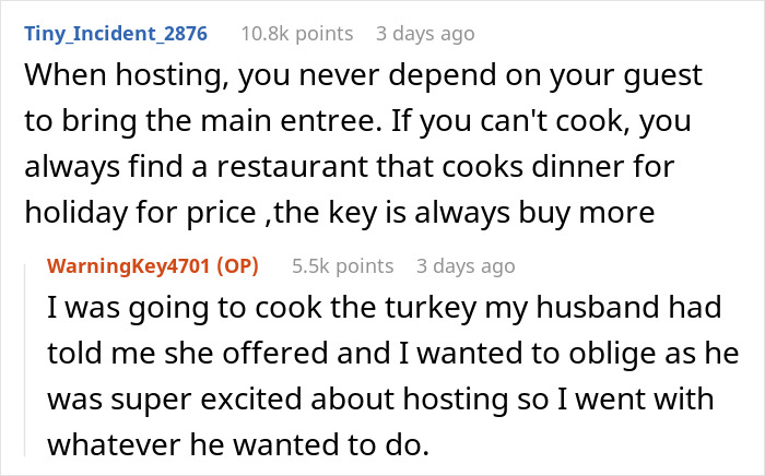 Two online comments discussing hosting etiquette and cooking plans for Thanksgiving, including turkey preparation. Two online comments discussing hosting etiquette and cooking plans for Thanksgiving, including turkey preparation.