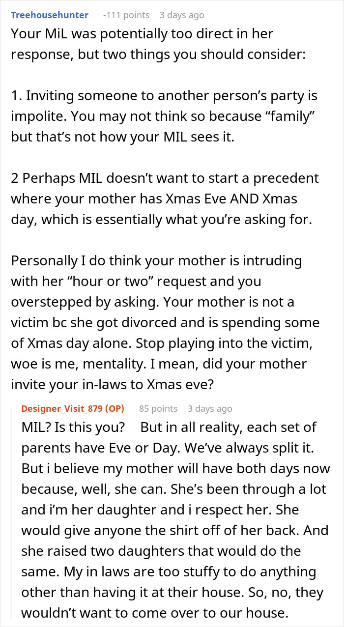 Discussion about MIL's refusal to woman's mom's Christmas request on a forum. Discussion about MIL's refusal to woman's mom's Christmas request on a forum.