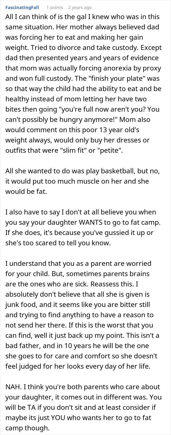 Comment discussing parenting issues around junk food and weight, suggesting reevaluation of sending daughter to fat camp. Comment discussing parenting issues around junk food and weight, suggesting reevaluation of sending daughter to fat camp.