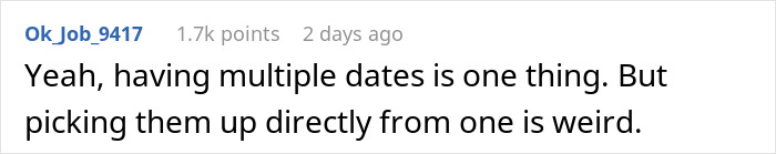 Text message discussing multiple dates being unusual in response to a story about date mishaps. Text message discussing multiple dates being unusual in response to a story about date mishaps.
