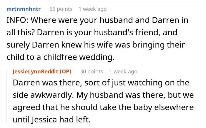 Reddit exchange discussing a husband and child at a child-free wedding; mentions Darren feeling awkward. Reddit exchange discussing a husband and child at a child-free wedding; mentions Darren feeling awkward.