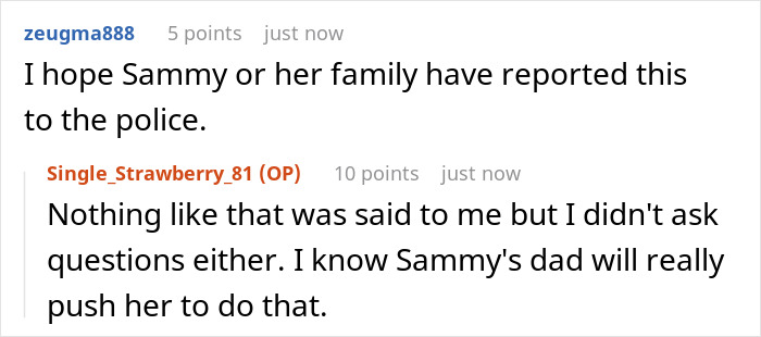 Reddit conversation discussing reporting to the police, with mentions of Sammy and her family. Reddit conversation discussing reporting to the police, with mentions of Sammy and her family.