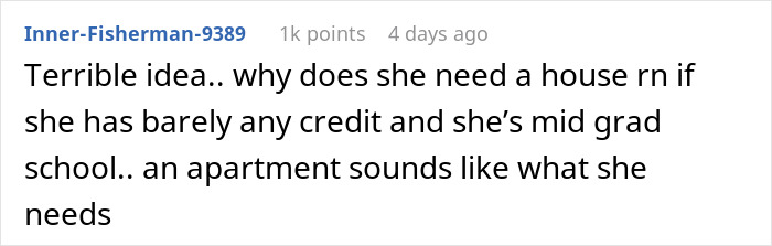 Comment discussing financial responsibility during grad school. Comment discussing financial responsibility during grad school.