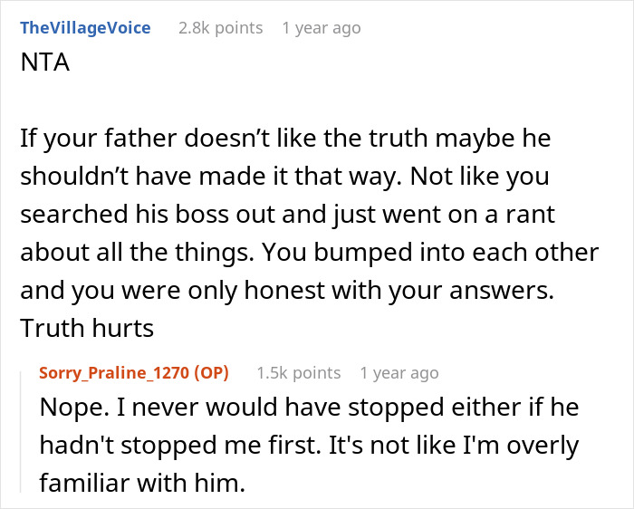 Reddit comments discussing a father being confronted with the truth about his parenting. Reddit comments discussing a father being confronted with the truth about his parenting.