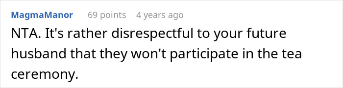 Reddit comment on wedding tradition disagreement, supporting the bride's decision to exclude parents. Reddit comment on wedding tradition disagreement, supporting the bride's decision to exclude parents.