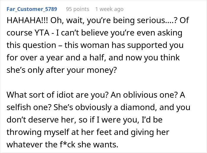 Screenshot of a Reddit comment criticizing a boyfriend's lack of self-awareness after a breakup. Screenshot of a Reddit comment criticizing a boyfriend's lack of self-awareness after a breakup.