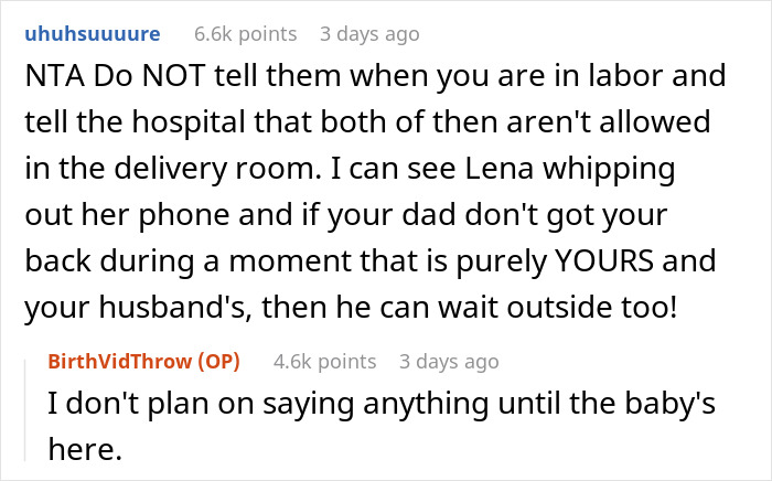 Reddit comment discussing boundaries with father and his girlfriend during childbirth. Reddit comment discussing boundaries with father and his girlfriend during childbirth.