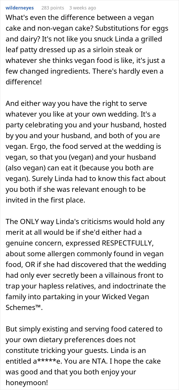 Text exchange discussing vegan wedding cake preferences and guest reactions. Text exchange discussing vegan wedding cake preferences and guest reactions.