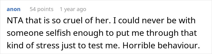 Reddit comment criticizing girlfriend for selfish behavior, calling it cruel and stressful in a lying test scenario. Reddit comment criticizing girlfriend for selfish behavior, calling it cruel and stressful in a lying test scenario.
