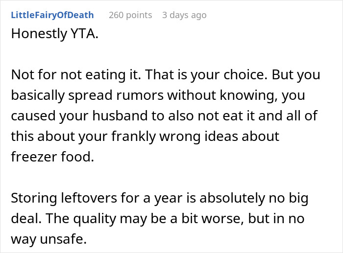 Reddit comment discussing Thanksgiving leftovers and safety concerns about freezer storage. Reddit comment discussing Thanksgiving leftovers and safety concerns about freezer storage.