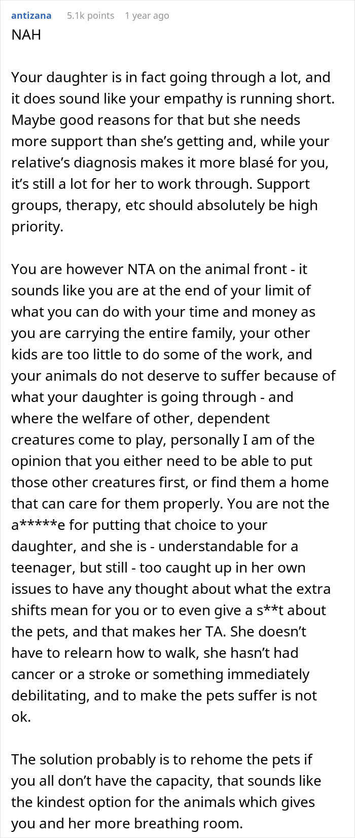 Reddit comment discussing mom's stance on daughter's chores despite her disease, causing a divided opinion online. Reddit comment discussing mom's stance on daughter's chores despite her disease, causing a divided opinion online.