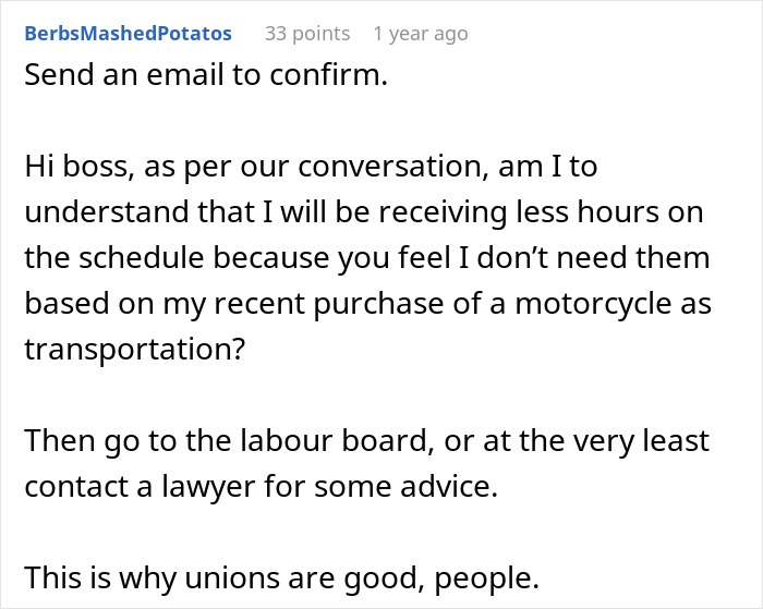 Text conversation about employee's hours cut after buying motorcycle for transportation. Text conversation about employee's hours cut after buying motorcycle for transportation.