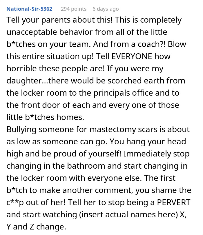 Text discussing a coach asking a teen to change in the bathroom due to discomfort, highlighting bullying and mastectomy scars. Text discussing a coach asking a teen to change in the bathroom due to discomfort, highlighting bullying and mastectomy scars.