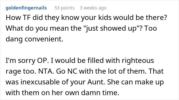 Reddit comment criticizing an aunt for letting nephews see grandparents, sparking drama. Reddit comment criticizing an aunt for letting nephews see grandparents, sparking drama.