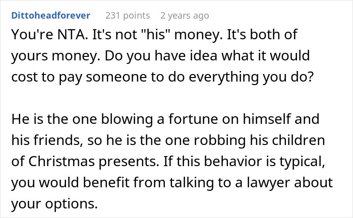 Reddit comment discussing financial fairness and planning Christmas expenses. Reddit comment discussing financial fairness and planning Christmas expenses.
