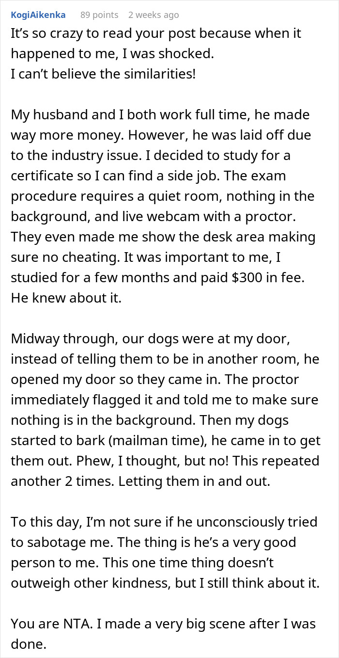 Text recounting a woman's frustration at her husband interrupting a critical job test. Text recounting a woman's frustration at her husband interrupting a critical job test.