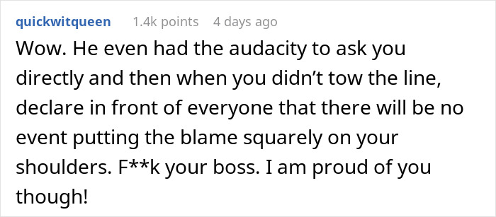 Reddit comment discussing frustration with boss about Secret Santa planning. Reddit comment discussing frustration with boss about Secret Santa planning.