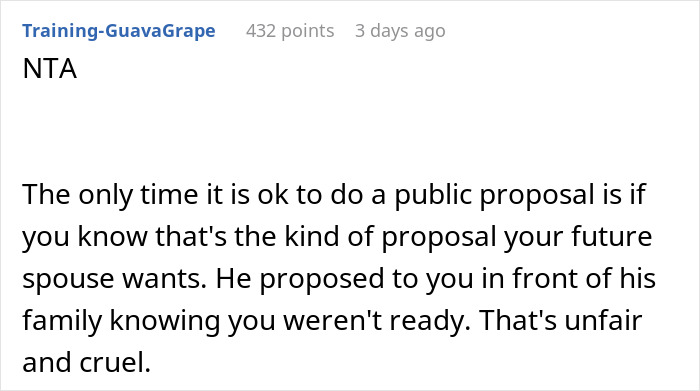 Reddit comment discussing the ethics of public proposals, mentioning an unfair public proposal situation. Reddit comment discussing the ethics of public proposals, mentioning an unfair public proposal situation.