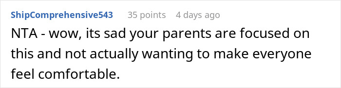 Comment discussing parental focus instead of comfort at family Christmas party due to White Elephant gift cost. Comment discussing parental focus instead of comfort at family Christmas party due to White Elephant gift cost.