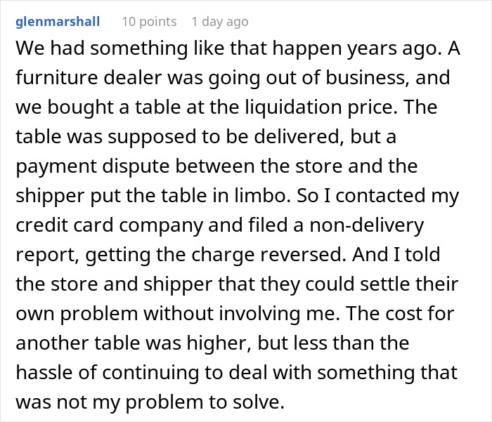 Text describing a customer resolving a delivery dispute through persistence and credit card charge reversal. Text describing a customer resolving a delivery dispute through persistence and credit card charge reversal.