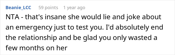 Reddit comment criticizing a girlfriend for lying as a test, suggesting ending the relationship. Reddit comment criticizing a girlfriend for lying as a test, suggesting ending the relationship.