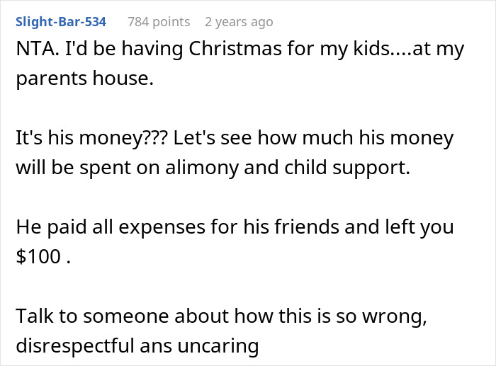 Text exchange discussing a wife's refusal to plan Christmas with $100 while her husband vacations overseas. Text exchange discussing a wife's refusal to plan Christmas with $100 while her husband vacations overseas.