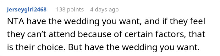 Reddit comment advising a bride to have the wedding she wants despite attempts to change the date. Reddit comment advising a bride to have the wedding she wants despite attempts to change the date.