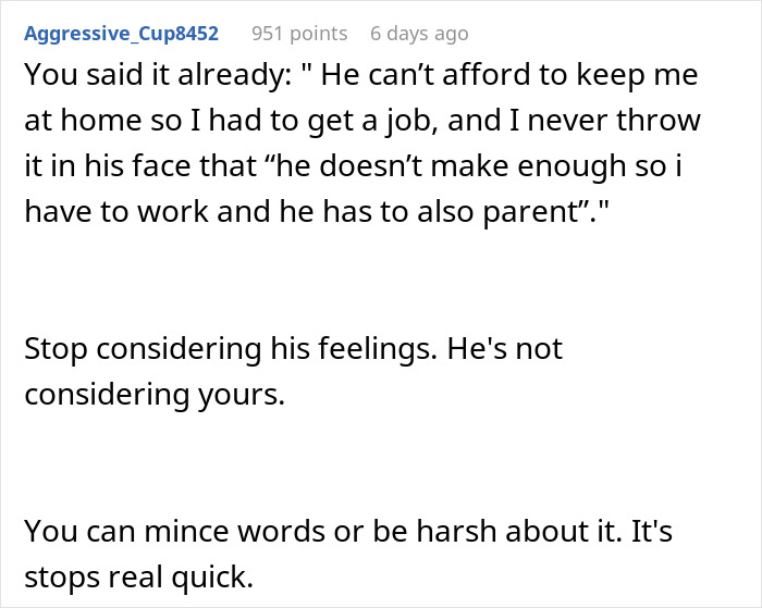 Reddit comment about dad babysitting and parenting responsibilities, with advice on balancing work and care. Reddit comment about dad babysitting and parenting responsibilities, with advice on balancing work and care.