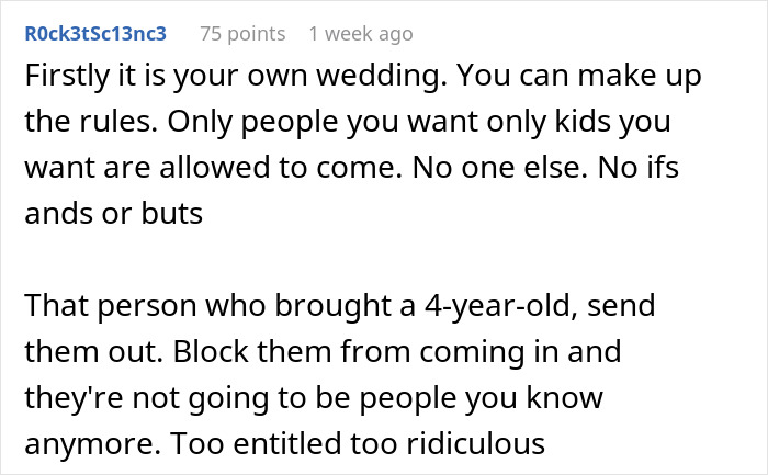 Reddit comment discussing child-free wedding rules and guest entitlement. Reddit comment discussing child-free wedding rules and guest entitlement.