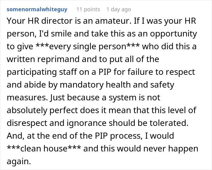 Comment criticizing HR management and suggesting written reprimands for all involved staff. Comment criticizing HR management and suggesting written reprimands for all involved staff.