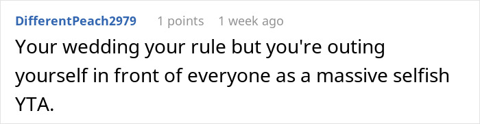 Comment on bride being called hypocritical for bringing baby to child-free wedding. Comment on bride being called hypocritical for bringing baby to child-free wedding.