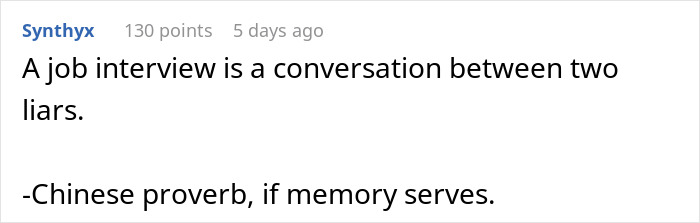 Text exchange about job interviews and lying, citing a supposed Chinese proverb. Text exchange about job interviews and lying, citing a supposed Chinese proverb.