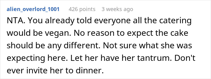 Reddit comment about wedding cake, discussing expectations for vegan catering. Reddit comment about wedding cake, discussing expectations for vegan catering.