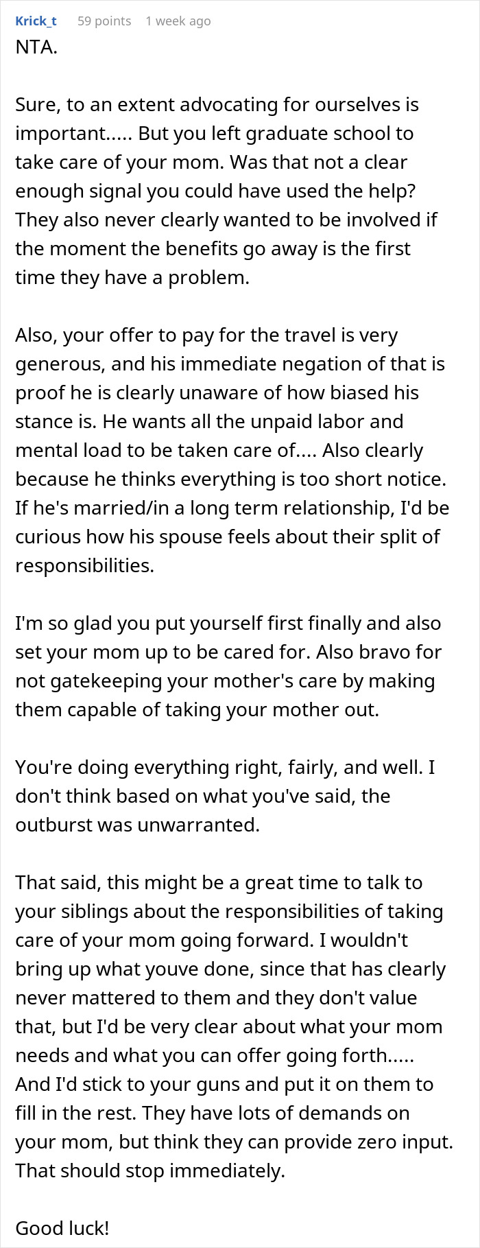 Text conversation about caregiving responsibilities for a mother in a care facility, siblings' involvement discussed. Text conversation about caregiving responsibilities for a mother in a care facility, siblings' involvement discussed.
