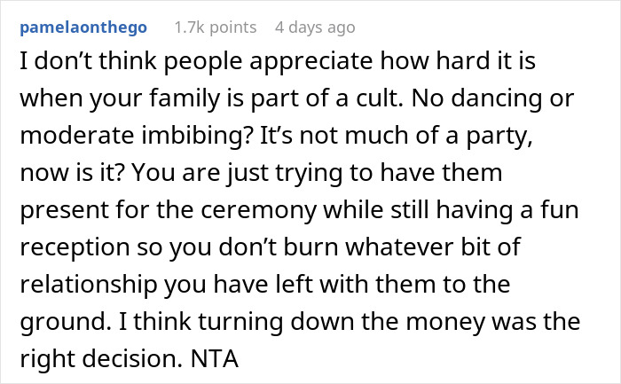 Comment discussing attempt to bribe bride to change wedding date due to family restrictions. Comment discussing attempt to bribe bride to change wedding date due to family restrictions.