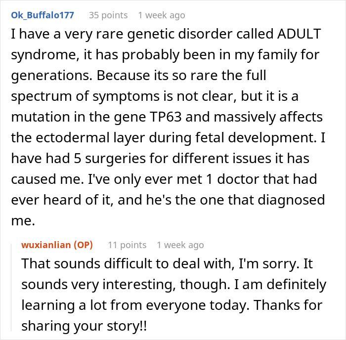 Reddit conversation about healing from a rare genetic disorder, discussing TP63 mutation effects. Reddit conversation about healing from a rare genetic disorder, discussing TP63 mutation effects.