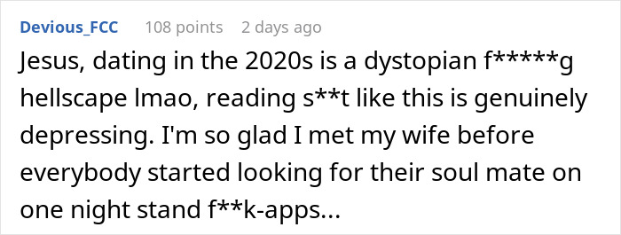 Comment discussing dating challenges in the 2020s, expressing relief in finding a partner before dating apps became prevalent. Comment discussing dating challenges in the 2020s, expressing relief in finding a partner before dating apps became prevalent.
