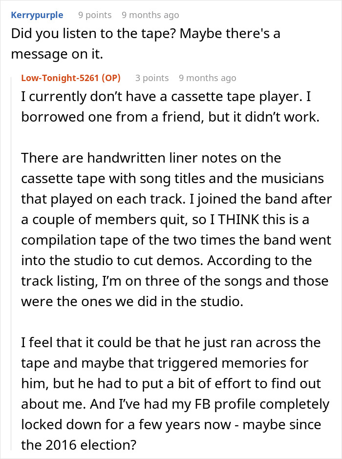 Reddit conversation about a cassette tape and a stalker reemerging from the past. Reddit conversation about a cassette tape and a stalker reemerging from the past.