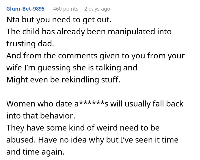 Forum comment discussing wife's ex behavior and husband's doubts in a relationship context. Forum comment discussing wife's ex behavior and husband's doubts in a relationship context.