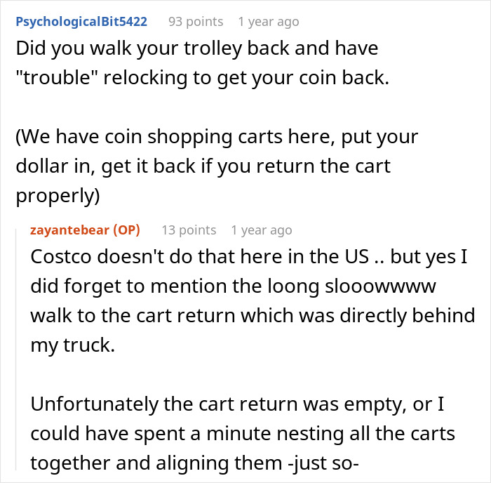 Reddit conversation about Costco shopper's slow cart return and coin-operated trolleys. Reddit conversation about Costco shopper's slow cart return and coin-operated trolleys.