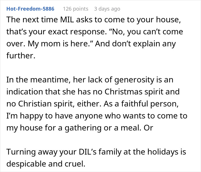 Text exchange about MIL denying a Christmas request, highlighting lack of generosity and holiday spirit. Text exchange about MIL denying a Christmas request, highlighting lack of generosity and holiday spirit.
