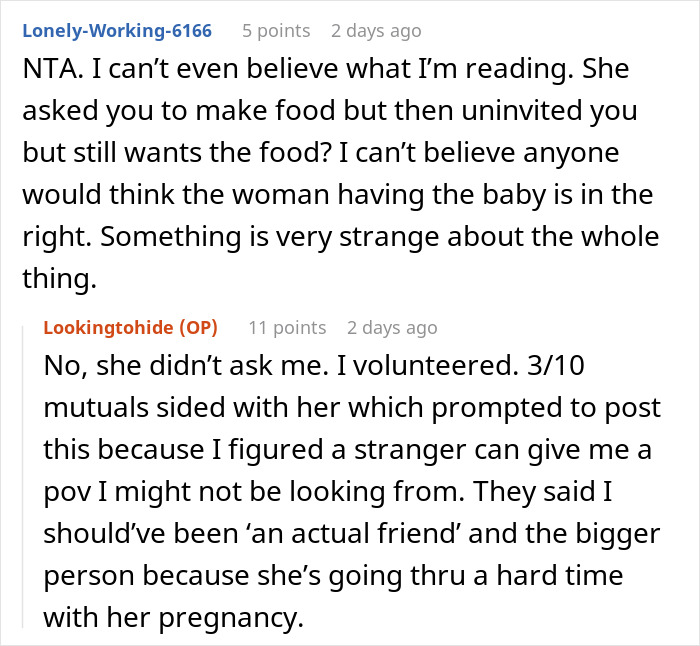 Text exchange about a baby shower confrontation and food disagreement, highlighting differing opinions on responsibility. Text exchange about a baby shower confrontation and food disagreement, highlighting differing opinions on responsibility.