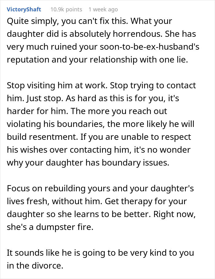 Text response about a teen lying about her stepdad, leading to family urging divorce. Text response about a teen lying about her stepdad, leading to family urging divorce.