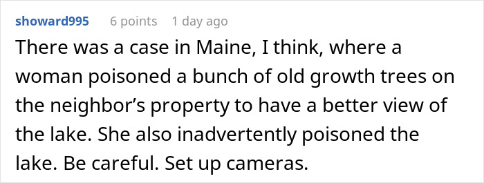 Text from an online forum discussing neighbor demands and tree cutting as petty revenge. Text from an online forum discussing neighbor demands and tree cutting as petty revenge.