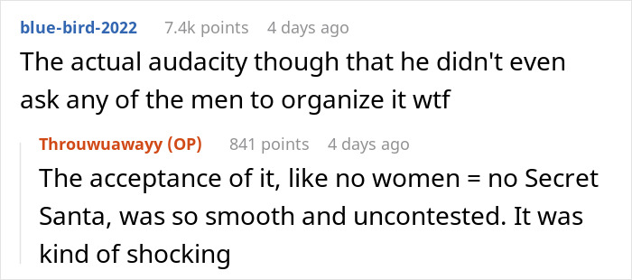 Reddit comments about female employees refusing to organize Secret Santa, highlighting gender roles. Reddit comments about female employees refusing to organize Secret Santa, highlighting gender roles.