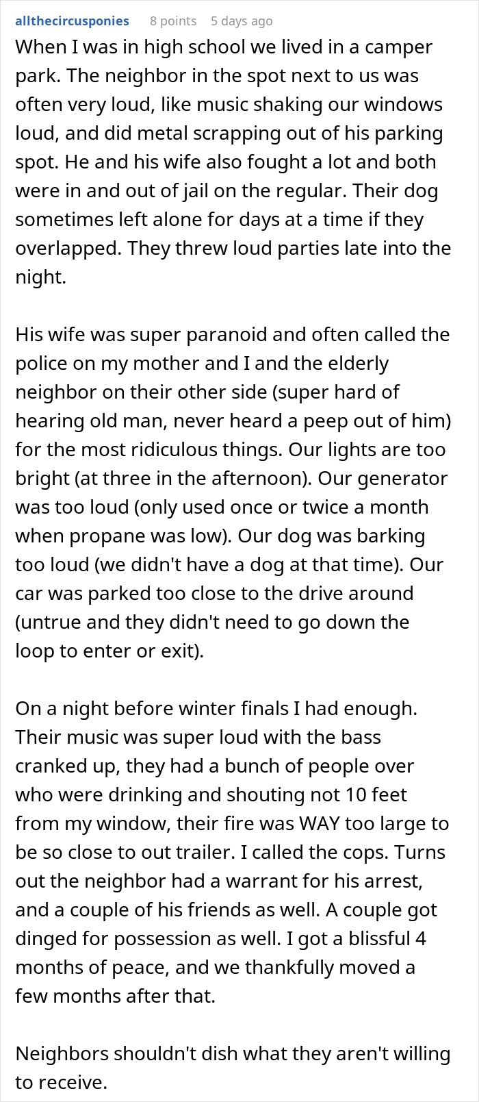 Text describing a noisy neighbor causing chaos and being arrested when police are called. Text describing a noisy neighbor causing chaos and being arrested when police are called.