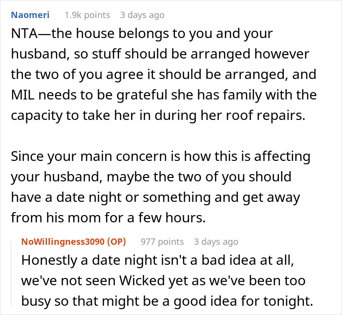 Reddit discussion about mother-in-law's actions and advice for husband and wife to arrange a date night. Reddit discussion about mother-in-law's actions and advice for husband and wife to arrange a date night.