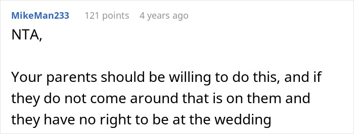 Reddit comment discussing a bride banning her parents from her wedding over mocking the fiancé’s tradition. Reddit comment discussing a bride banning her parents from her wedding over mocking the fiancé’s tradition.