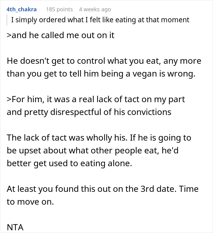 Online comment about a woman eating a meat burger on a date with a vegan, being called tactless. Online comment about a woman eating a meat burger on a date with a vegan, being called tactless.