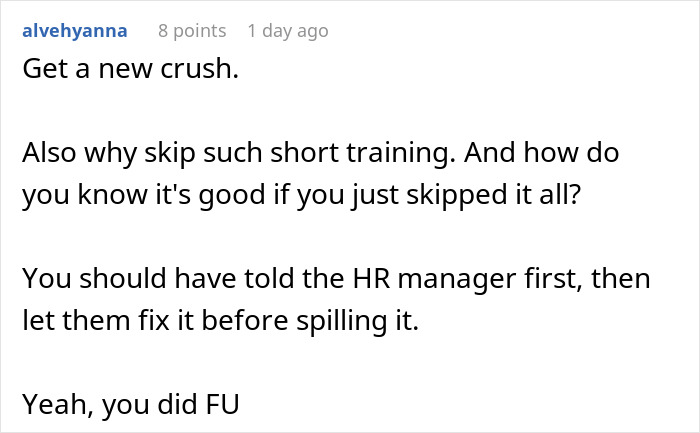 Comment on HR director's mental breakdown over skipped training. Comment on HR director's mental breakdown over skipped training.